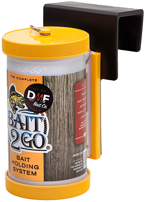 Photograph showing a canister in the foreground labeled "DMF Bait Co." in circular a logo with the words "Bait2Go, Bait holding system" on the label. In the background are examples of boat and bait holding attachments.